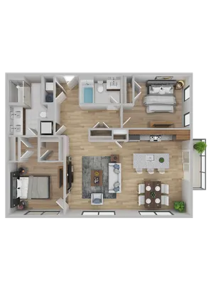 Modern 3D floor plan showcasing two spacious bedrooms, a stylish open living area, and a sleek kitchen with an inviting dining space.