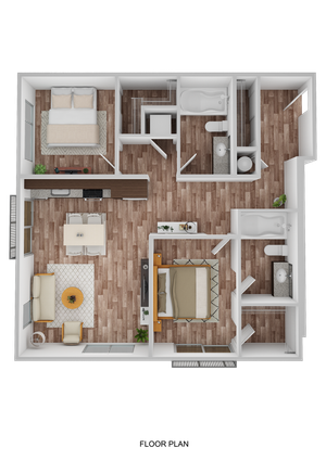 3D Floor Plan Rendering of the Newport Two-Bedroom, Two-Bathroom Layout. 975 square feet