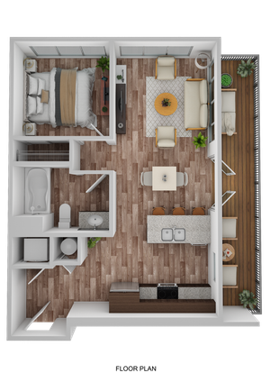 3D Floor Plan Rendering of a One-bedroom, One-Bathroom Floor Plan Ranging from 615-684 sq. ft.