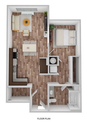 3D Floor Plan Rendering of the Colorado one-bedroom, one-bathroom, 709 square feet.