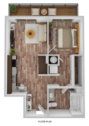 3D Floor Plan Rendering of the Galveston One-Bedroom, One-Bathroom Layout. 584-605 square feet