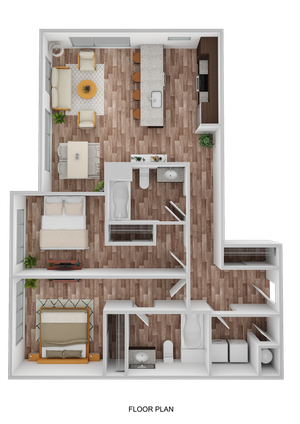 3D Floor Plan Rendering of the Arizona Two-Bedroom, Two-Bathroom Layout. 1,109 square feet