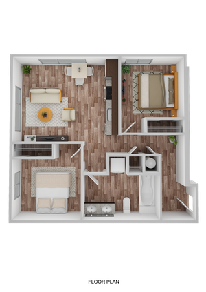 3D Floor Plan Rendering of the Arizona Two-Bedroom, One-Bathroom Layout. 775 square feet