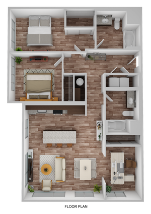 3D Floor Plan Rendering of the Hawthorne Three-Bedroom, Two-Bathroom Layout. 1,234 square feet