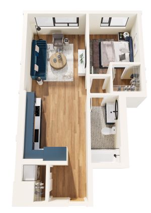 Furnished 3D Rendering of One-Bedroom B Floor Plan