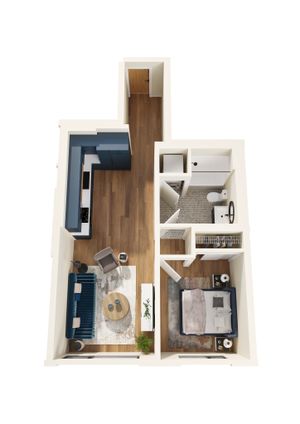 Furnished 3D Rendering of One-Bedroom D Floor Plan
