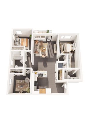 3D Floor Plan - The Basin Three-Bedroom, Two-Bathroom Apartment