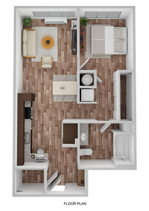 3D Floor Plan Rendering of the Simpson One-Bedroom, One-Bathroom Layout. 626-689 square feet