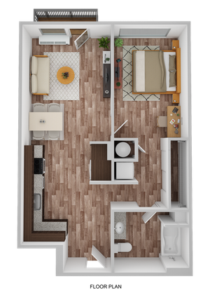 3D Rendering of a 1 Bedroom Floor Plan - 699 sq ft.