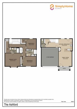 The Ashford floor plan showcasing a modern layout with 3 bedrooms including a primary suite, open-concept kitchen and breakfast area, family room, 2-car garage, and inviting patio.