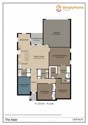 Spacious floor plan of The Adair featuring 3 bedrooms, open family room, cozy breakfast area, and garage, spread over 1,625 sq ft.