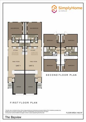 Elegant floor plan of The Bayview, featuring two units each with spacious living areas, multiple bedrooms, and convenient storage spaces over two floors, totaling 1492 sq ft. Perfect for modern living by SimplyHome.