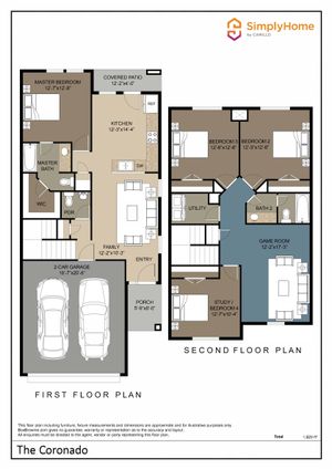 Charming two-story floor plan of The Coronado, boasting 4 bedrooms, a spacious family area, a modern kitchen with an island, a game room, and a covered patio. Includes a 2-car garage and utility space. Total 1,623 sq ft.