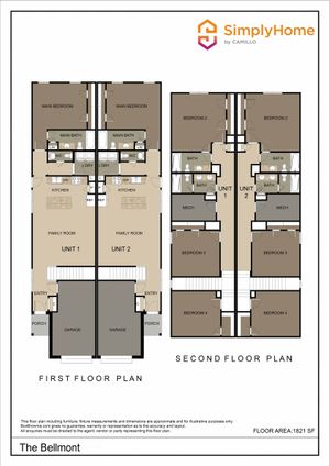 Modern two-story floor plan of The Bellmont showcasing 4 bedrooms, spacious family room, and dual kitchens; featuring garage access and elegant bathrooms, perfect for a stylish and comfortable lifestyle.