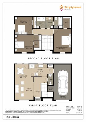 The Calista 2D floor plan showcasing a modern two-story design with three bedrooms, spacious family area, stylish kitchen, and attached garage.
