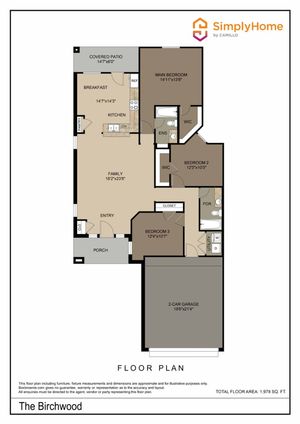 Charming floor plan of The Birchwood, showcasing 3 cozy bedrooms, an open family area, a sleek kitchen with breakfast nook, convenient utility room, and a spacious 2-car garage, totaling 1,978 sq ft.