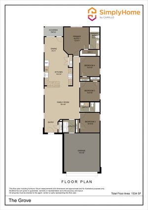 The Grove floor plan showcasing a spacious design with 4 bedrooms, open family room, modern kitchen, and a double garage, totaling 1534 sq ft.