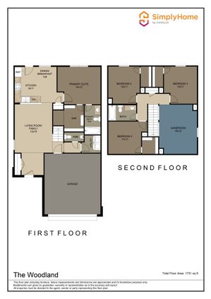Elegant Woodland floor plan with first-floor primary suite, spacious living room, and a modern kitchen. Second floor features a gameroom and three additional bedrooms. Total area of 1751 sq ft.
