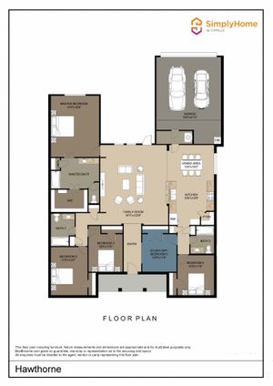 Hawthorne floor plan showcasing a 5-bedroom layout with an expansive family room, modern kitchen with dining area, and a double garage.