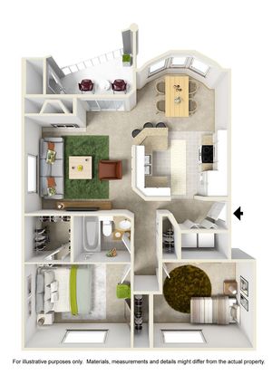 Modern 3D floor plan showcasing 2 bedrooms, elegant living area, full kitchen with breakfast bar, and a cozy balcony.