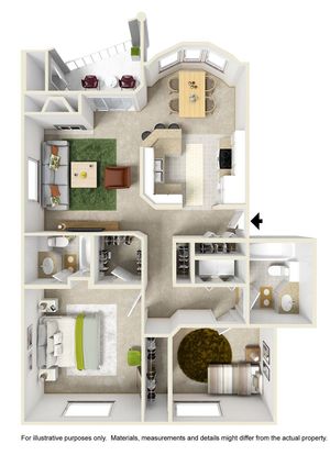 Inviting 2D floor plan showcasing two cozy bedrooms, a modern kitchen with breakfast bar, open living area, dining space, and balcony for relaxation.