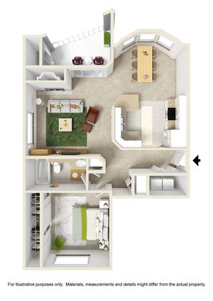 Chic 3D apartment layout showcasing a cozy bedroom, modern kitchen, inviting living room, spacious balcony, and elegant dining area.