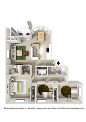 Charming 3D floor plan showcasing 2 bedrooms, expansive living room, modern kitchen, and private balcony for urban living.