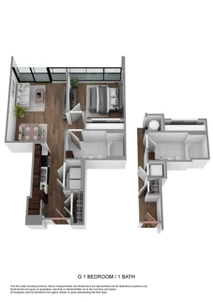 Modern 3D floor plan featuring 1 bedroom, 1 bathroom, an open-concept living area, and a stylish kitchen. Perfect for efficient urban living.