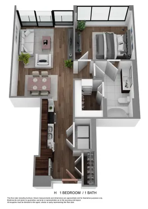 Modern 1-bedroom, 1-bath apartment floor plan featuring an open living-dining area and a sleek kitchen design.