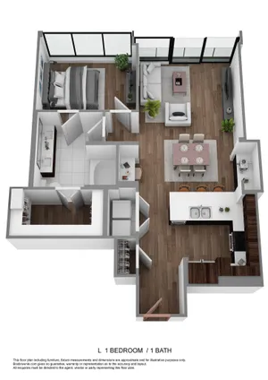Sleek 3D floor plan showcasing a modern 1-bedroom apartment with an open-concept living and dining area, stylish kitchen, and luxurious bathroom.