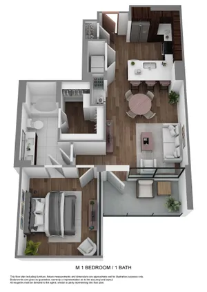 Chic 3D floor plan showcasing a cozy 1-bedroom, 1-bath apartment featuring a modern open-concept living and dining area, stylish kitchen, and inviting balcony space.