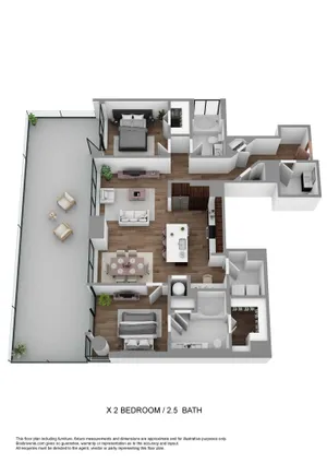 Contemporary 2D floor plan showcasing 2 bedrooms, 2.5 baths, open-concept living and dining area, modern kitchen, and a spacious balcony. Ideal for stylish urban living.