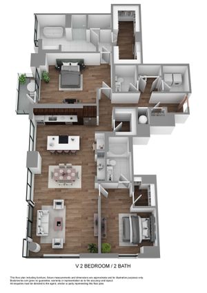 Elegant 3D floor plan featuring 2 bedrooms, 2 bathrooms, a modern kitchen with island, and an inviting open-concept living and dining area, complemented by a stylish balcony.