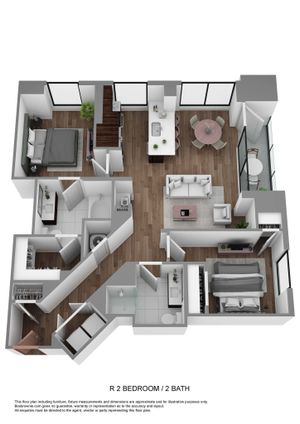 Elegant 3D floor plan illustrating a spacious apartment with 2 bedrooms, 2 bathrooms, an open kitchen, a cozy living room, and a dining area with large windows. Includes a charming balcony for outdoor relaxation.
