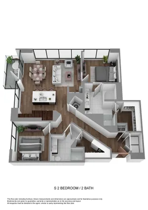 Contemporary 3D apartment layout showcasing 2 bedrooms, 2 bathrooms, an open-plan living area, modern kitchen, and private balcony.
