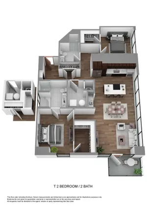 Chic 2-bedroom, 2-bathroom apartment floor plan featuring an open-concept living area, modern kitchen, and private balcony.