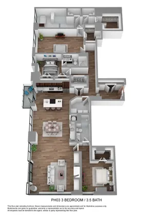 Elegant 3D floor plan featuring 3 bedrooms and 3.5 bathrooms, showcasing an open living area, modern kitchen, and private balcony.