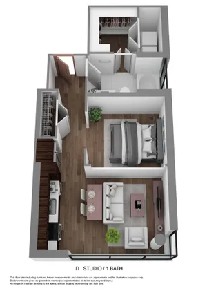 Modern studio floor plan featuring a single bedroom, cozy living area, and sleek, compact kitchen with elegant wood flooring.