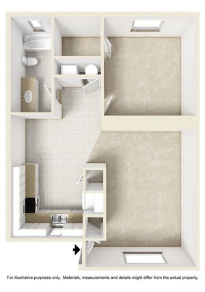 Modern 3D floor plan featuring one spacious bedroom, functional and open kitchen, and comfortable bathroom layout.