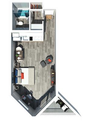 Modern studio apartment floor plan featuring a spacious open layout with a cozy sleeping area, stylish kitchen, and inviting bathroom. Includes a charming balcony for outdoor relaxation.
