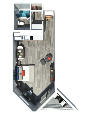 Chic apartment floor plan showcasing a spacious studio layout with open living area, modern kitchen, cozy bedroom, and stylish bathroom.