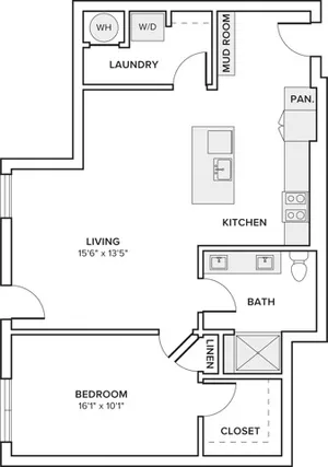 904 to 905 square foot one bedroom one bath apartment floorplan image