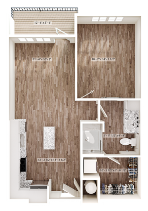 Contemporary floor plan showcasing a spacious kitchen with island, large living area, cozy bedroom, modern bathroom, walk-in closet, and balcony.