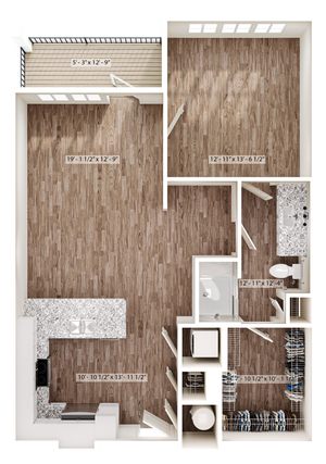 Chic apartment floor plan with a spacious bedroom, modern kitchen, elegant bathroom, and inviting living area, featuring beautiful wood flooring and a cozy balcony.