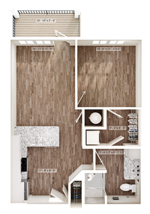 Elegant floor plan featuring a spacious open-concept kitchen and living area, one bedroom, modern bathroom, laundry room, and private balcony.