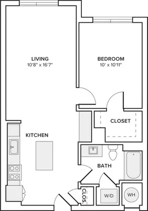 658 square foot one bedroom one bath apartment floorplan image