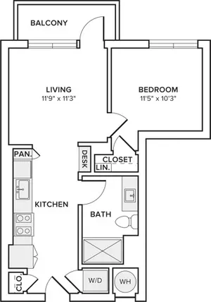 565 square foot one bedroom one bath apartment floorplan image