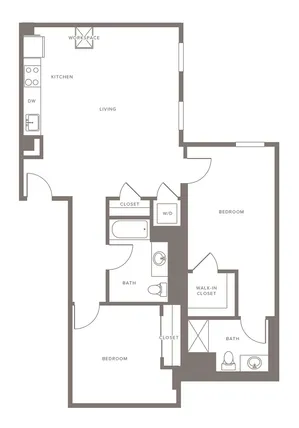 Modern apartment floor plan featuring 2 bedrooms, 2 bathrooms, open kitchen, and living area with dedicated workspace.