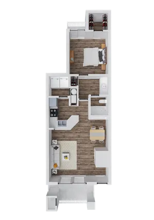 Modern floor plan showcasing a single bedroom, open-concept living and dining area, stylish kitchen, and contemporary bathroom.