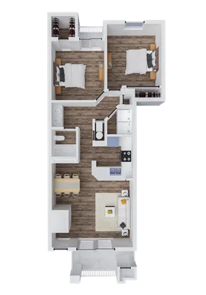 Modern 2D floor plan showcasing 2 cozy bedrooms, elegant bathroom, open kitchen, and inviting living area with a sleek dining space.